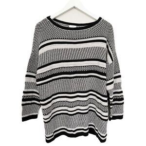 J Jill Striped Linen Blend Pullover Sweater Womens Size L Black Ivory Coastal